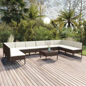 vidaXL 11 pcs conjunto lounge jardim c/ almofadões vime PE castanho