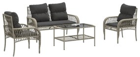 4 pcs conj. sofás jardim c/ almofadões vime PE cinzento-claro