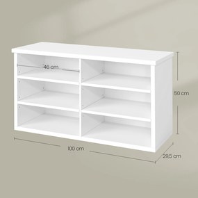 Banco arrumação para sapatos com banco 29,5 x 100 x 50 cm, compartimentos ajustáveis, 6 prateleiras Branco
