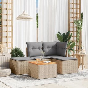 5 pcs conj. sofás jardim c/ almofadões vime PE bege misturado