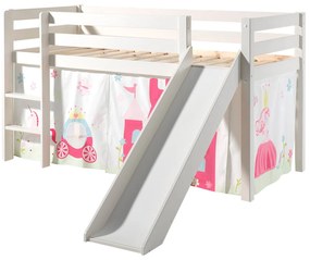 Conjunto Cama alta de Criança PINO 90 x 200 cm + estrado + escada + escorrega + cortina Princesa branca