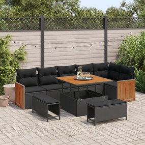 Conjunto de Sofás de Jardim de 9 Peças com Almofadas Rattan Preto Acác