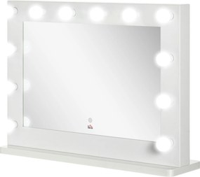 Espelho de maquilhagem Hollywood iluminado com 12 LEDs táteis - luminosidade ajustável, função de memória - metal, MDF branco e vidro