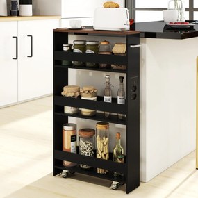 Carrinho cozinha estreito 47,5 x 13 x 80,5 cm com estação de carregamento de 4 níveis com rodas bloqueáveis preto + cor nogueira