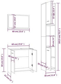 3 pcs Conjunto móveis casa de banho madeira proc. cinza sonoma