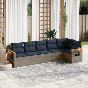 6 pcs conjunto sofás p/ jardim c/ almofadões vime PE cinzento