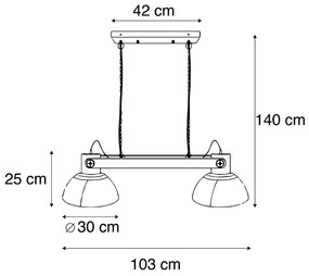 Candeeiro industrial suspenso preto com madeira de manga 2 luzes - Mangas Industrial