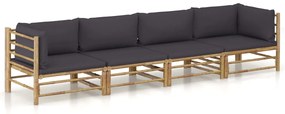 vidaXL 4 pcs conj. lounge jardim em bambu c/ almofadões cinza-escuro