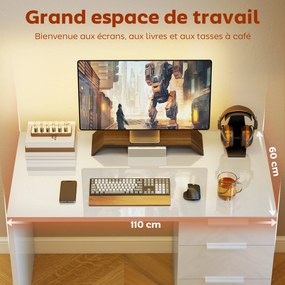Secretária de computador de alto brilho com 4 gavetas, 110 x 60 cm, secretária com espaço de arrumação, estilo moderno, branca