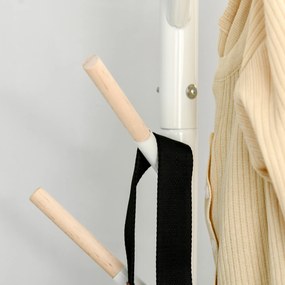 HOMCOM Cabide de Pé de Madeira Cabide de Pé com 6 Ganchos para Roupa Bolsas e Estrutura de Metal para Sala de Estar Entrada Dormitório 35x35x174cm Branco e Madeira