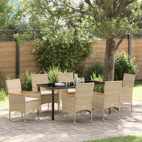 vidaXL Conjunto de Jantar de Jardim com 7 peças e almofadas bege em rattan sintético.