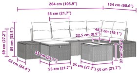 Conjunto de Sofá de Jardim de 7 Peças com Almofadas Bege Vime Poliéste