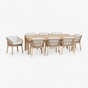 Conjunto De Mesa Retangular 220x100 Cm E 8 Cadeiras De Jardim Em Madeira De Acácia E Corda Trançada Karvia Marrom Acácia Claro & Tecido Branco - Sklum