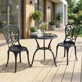 Conjunto de jardim de 3 peças em alumínio fundido: mesa e cadeiras com orifício para guarda-sol e encosto com design em forma de borboleta, para exter