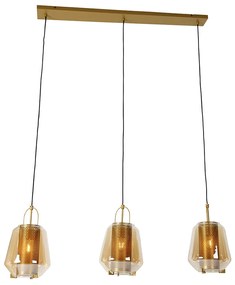 Candeeiro de suspensão dourado com vidro âmbar 23 cm oblongo 3-luzes - Kevin Art Deco