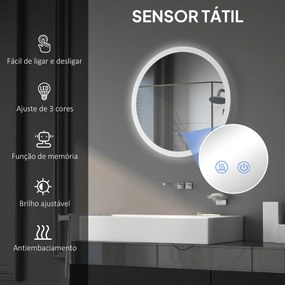 Espelho Casa de Banho Redondo com Luzes LED Ø60 cm Função Antiembaciamento 3 Luzes Função de Memória e Interruptor Tátil Prata