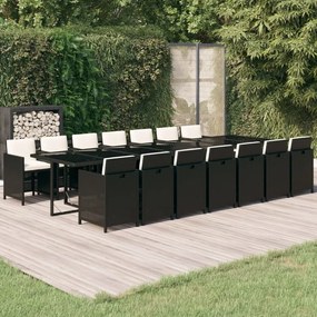 vidaXL 15 pcs conjunto jantar p/ jardim c/ almofadões vime PE preto