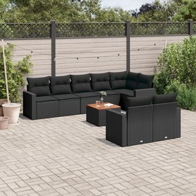9 pcs conjunto de sofás p/ jardim c/ almofadões vime PE preto