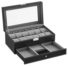 Caixa de relógio SONGMICS, estojo para relógio com tampa de vidro, vitrine de 2 níveis para 12 relógios, com fechadura, 1 gaveta, para anéis, pulseiras, ideia de presente, couro sintético preto, forro cinza JWB012G01