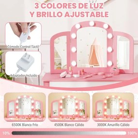 Conjunto de Toucador infantil Princesa 2 em 1 com espelho removível, luzes ajustáveis, banquinho e gaveta em imitação de madeira para maiores de 3 ano