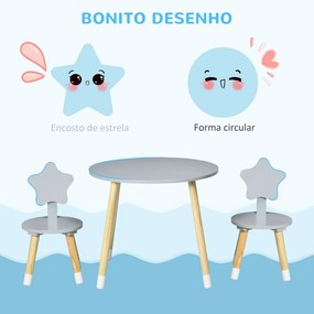 HOMCOM Conjunto de Mesa e 2 Cadeiras de Madeira para Crianças com Mesa Redonda Ø59x50cm e Cadeiras Ø28x51 Mobiliário Infantil para Sala de Jogos Quarto Cinza e Madeira