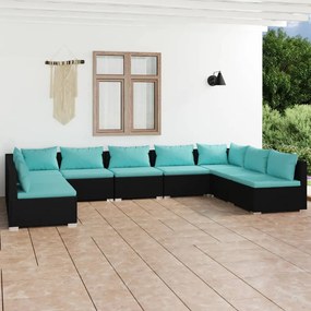 9 pcs conjunto lounge de jardim c/ almofadões vime PE preto