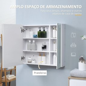 Armário com Espelho de Casa de Banho com Luz LED Suspenso 2 Portas e Interruptor Tátil Estilo Moderno 70x15x65 cm Branco