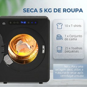 Máquina de Secar Roupa 3 KG 1000W Função Anti-Rugas Esterilizar Temporizador Ecrã LED Tátil Preto