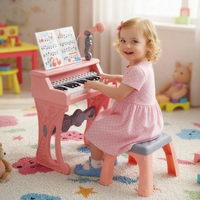 Piano de 25 teclas para crianças com atril e microfone Brinquedo educativo para aprendizagem precoce 3+ anos 45 x 17,5 x 32,5 cm Rosa