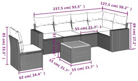 7 pcs conjunto sofás p/ jardim c/ almofadões vime PE cinzento