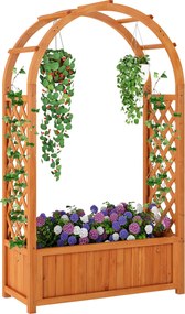 Floreira elevada com treliça em em arco 83 x 36 x 146 cm, drenagem e caixa de madeira elevada para trepadeiras, ervas e vegetais. Castanho avermelhado