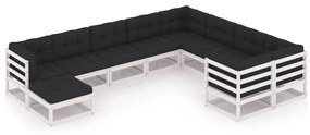 vidaXL 10 pcs conj. lounge de jardim c/ almofadões pinho maciço branco