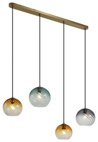 Candeeiro suspenso bronze com vidro fumado âmbar e verde retangular 4-luzes - Bao Art Deco