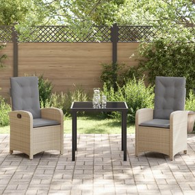 vidaXL Conjunto de Jantar de Jardim 3 Peças com Almofadas Bege Rattan Poliéster