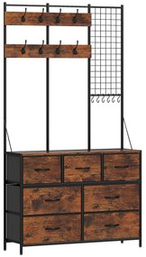 HOMCOM Suporte para Cabides Móvel de Arrumação com Sapateira 14 Ganchos 7 Gavetas de Tecido e Prateleira 100x30x183 cm Castanho Rústico | Aosom Portugal