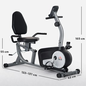 Bicicleta Estática com Encosto com 8 Níveis de Resistência Magnética Comprimento Ajustável Ecrã LCD 122-137x62x103 cm Cinza