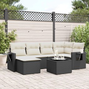 7 pcs conjunto de sofás p/ jardim c/ almofadões vime PE preto