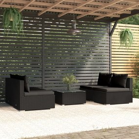 5 pcs conjunto lounge de jardim c/ almofadões vime PE preto