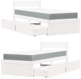 Cama com gavetas e colchão 90x190 cm pinho maciço branco