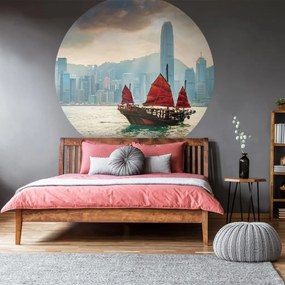 WallArt Papel de parede circular "Skyline with Junk Boat" 142,5 cm