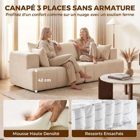 Sofá de 3 lugares em chenille, 248 cm, sofá de sala moderno, assento largo estofado, almofadas com molas, bege
