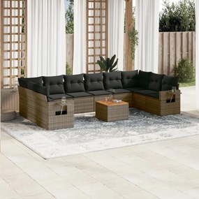 11 pcs conjunto sofás de jardim c/ almofadões vime PE cinzento