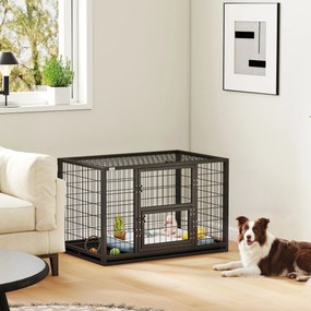 Gaiola robusta para cães 94 x 60 x 64 cm, casota interior com compartimentos abertos e porta para alimentação, em aço , preta