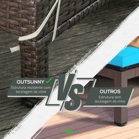 Outsunny Conjunto de Espreguiçadeiras Exterior de Vime 2 Lugares com Almofadas Acolchoadas Resistente à Água com Encosto Ajustável em 5 Níveis Suporta 220kg 195x120x28cm Marrom e Branco Creme