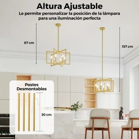 Candeeiro teto rústico de 6 luzes 54 x 54 x 67-157 cm com design geométrico, altura ajustável e metal industrial dourada