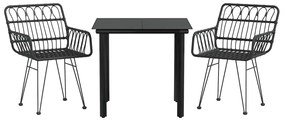 3 pcs conjunto de jantar para jardim vime PE preto