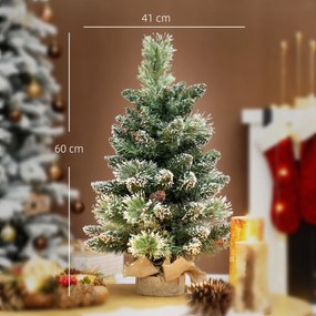 Mini Árvore de Natal Artificial com 35 Luzes LED 60 cm 64 Ramos com Neve Pinha Bagas e Base de Saco de Juta Ø41x60 cm Verde