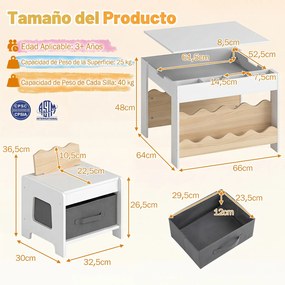 Conjunto de Mesa Infantil e 2 Cadeiras, 66 x 64 x 48 cm, Tabuleiro Reversível, Natural