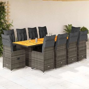vidaXL 11 pcs conjunto bistrô de jardim c/ almofadões vime PE cinzento