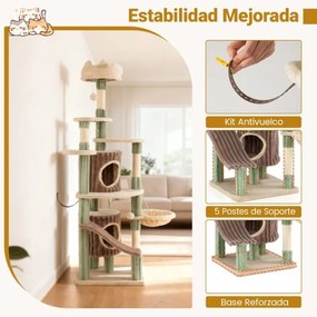 Arranhador Grande para Gatos 77,5 x 68 cm x 163 cm de Interior com 2 Casas Percha de Peluche Cama Postes Rascadores de Sisal Verde